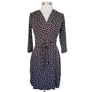 Ann Taylor Wrap Dress Size 4 Petite  Black Polka Dot 3/4 Sleeve Career